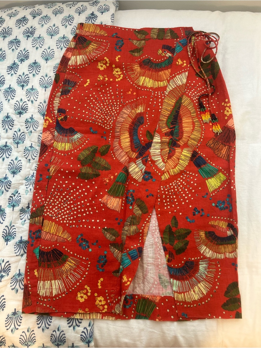 FARM Rio Red Midi Wrap Skirt with Multicolor Tassel Detail